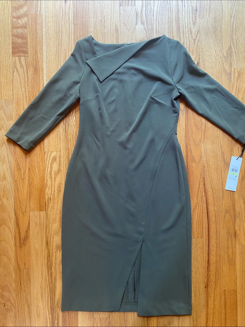 Calvin Klein Olive Green Midi Dress with Asymmetrical Neckline